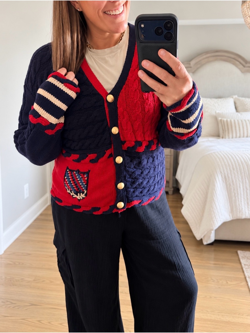 Navy & Red hand Knit / Cable-Knit V-Neck Cardigan Sweater